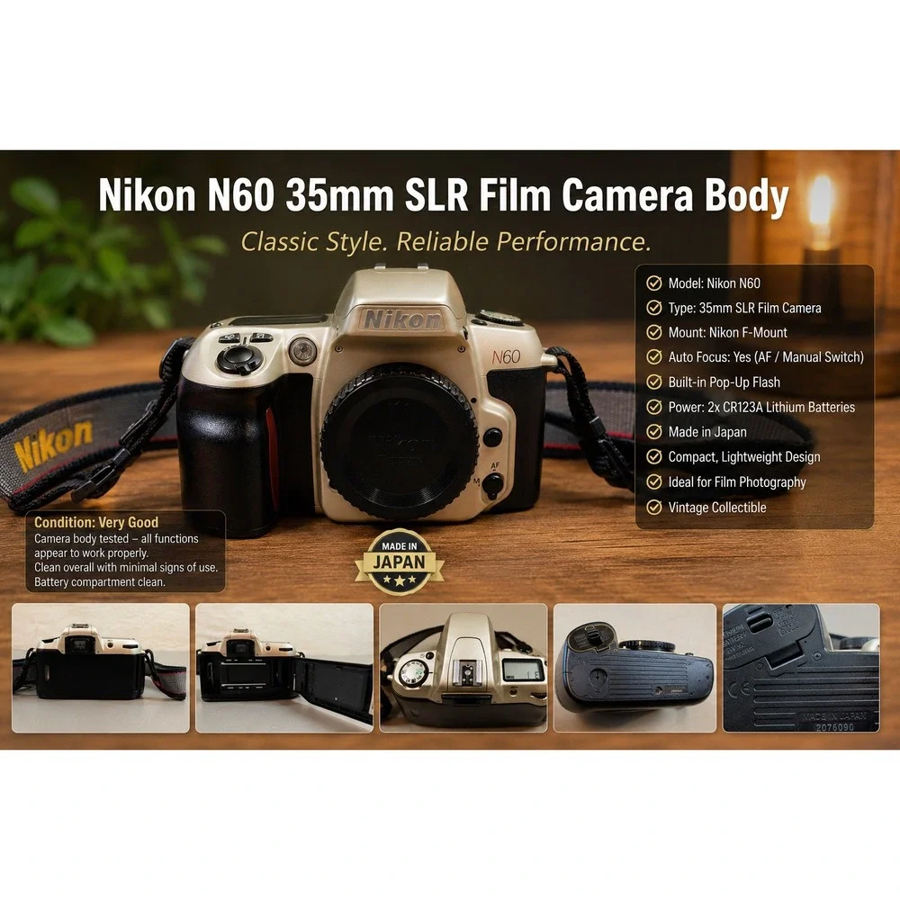 Nikon N60‎ 35mm SLR Film Camera Body Champagne Silver Made in Japan with Strap